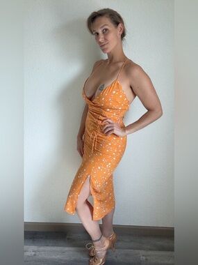 Endless Blu Ruched Midi Dress Bodycon Leg Slit Orange Floral